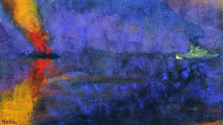 Das Nolde-Bild "Kriegsschiff und brennender Dampfer", Aquarell um 1943. Das Nolde-Bild "Kriegsschiff und brennender Dampfer", Aquarell um 1943.