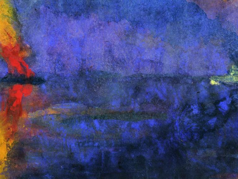 Das Nolde-Bild "Kriegsschiff und brennender Dampfer", Aquarell um 1943.