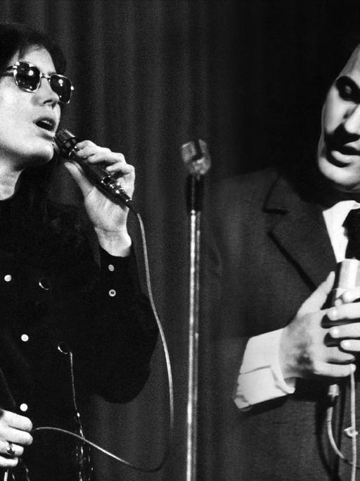 Montage aus zwei Fotos: Uschi Brüning und Manfred Krug singend auf der Bühne.