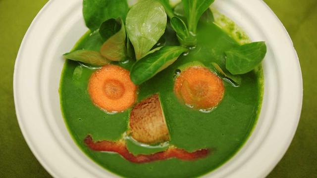 Eine vegane Spinat-Suppe, aufgenommen am 24.01.2014 auf der Messe "Veggie-World" in den Rhein-Main-Hallen in Wiesbaden (Hessen).