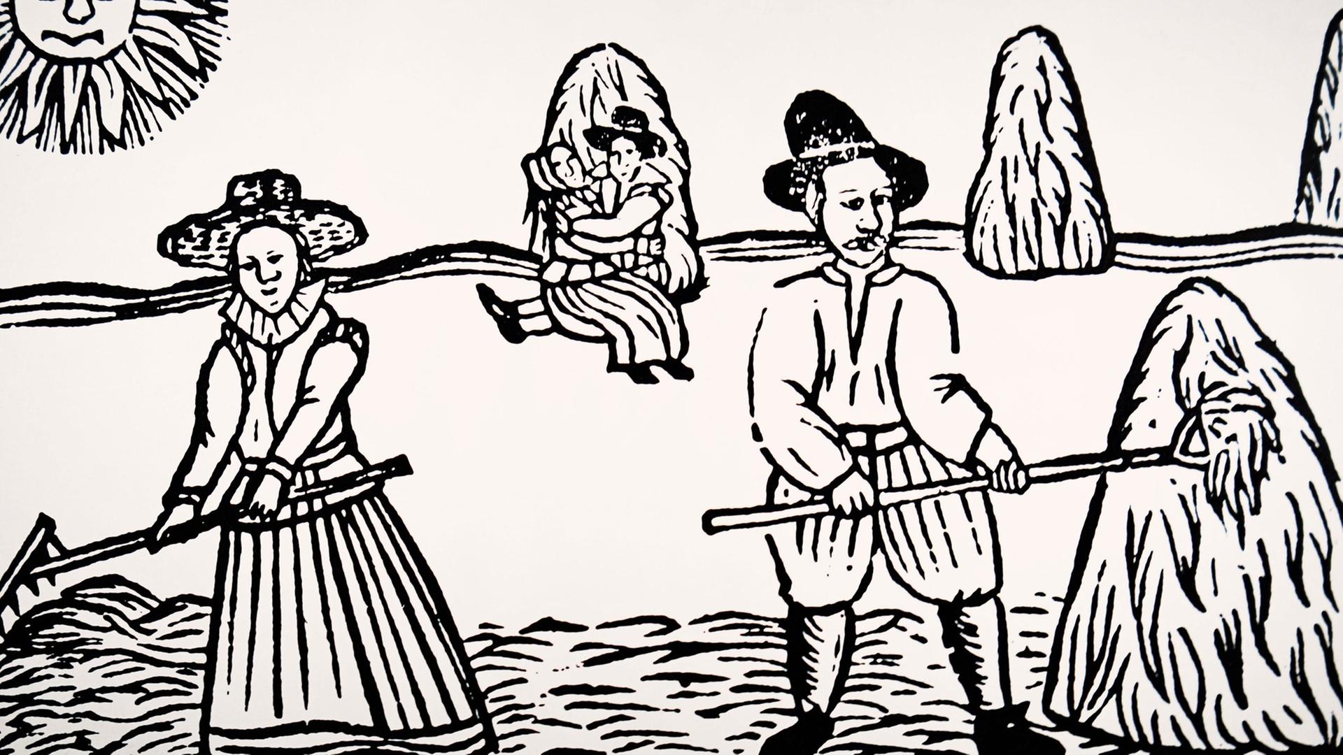 Eine Frau und ein Mann sind bei der Feldarbeit dargestellt. Eine Frau und ein Mann sind bei der Feldarbeit dargestellt.
