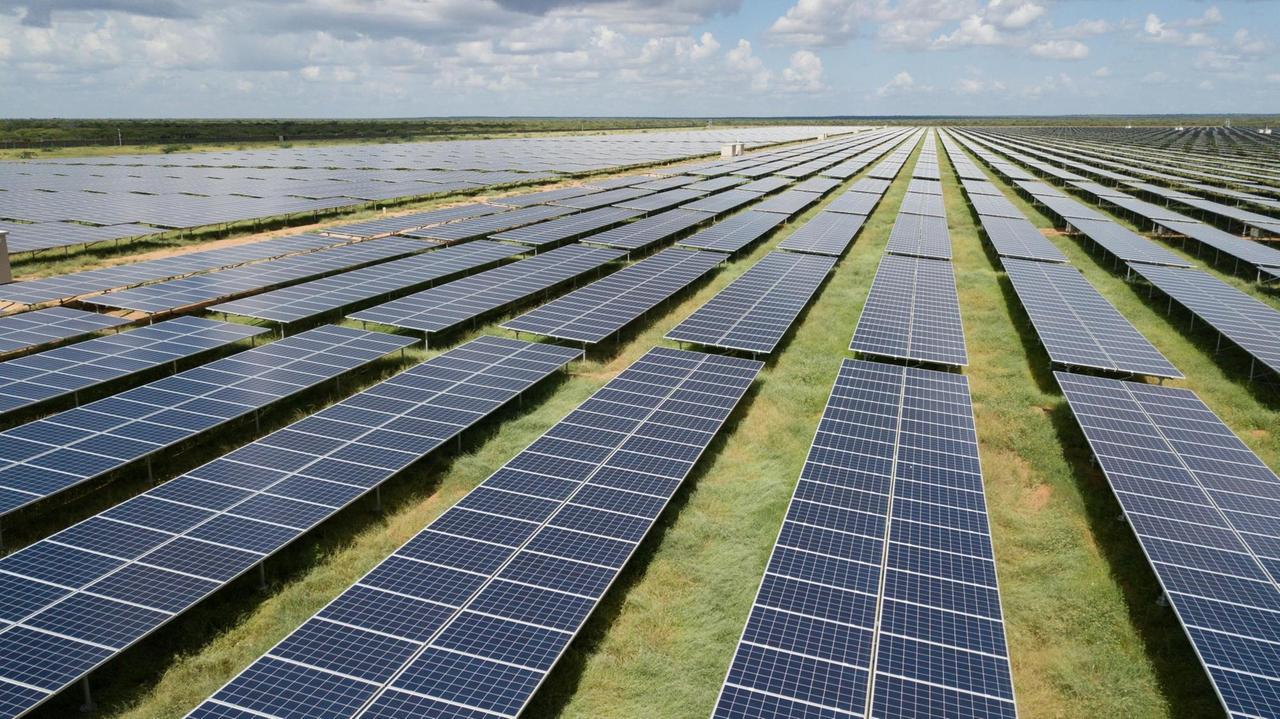 Lange Reihen mit Solarpaneelen auf einer Wiese. Lange Reihen mit Solarpaneelen auf einer Wiese.