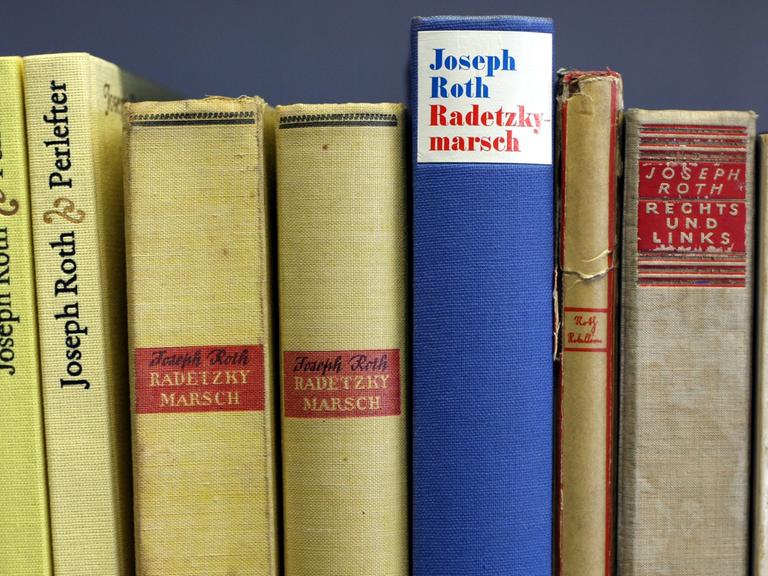 Bücher des Autors Joseph Roth in der Universität Augsburg (Schwaben) in der "Bibliothek der verbrannten Bücher".