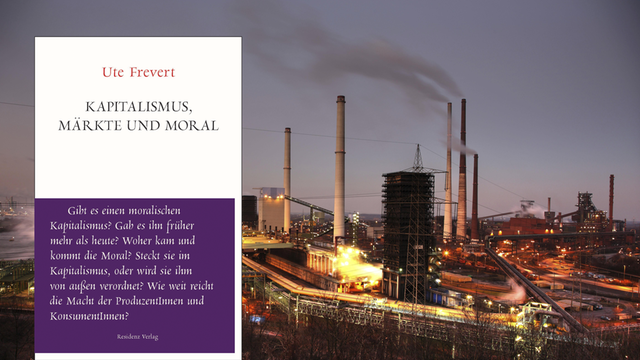 Im Vordergrund ist das Cover des Buches "Kapitalismus, Märkte und Moral". Im Hintergrund ein Blick auf ein Stahlwerk in Hamborn.
