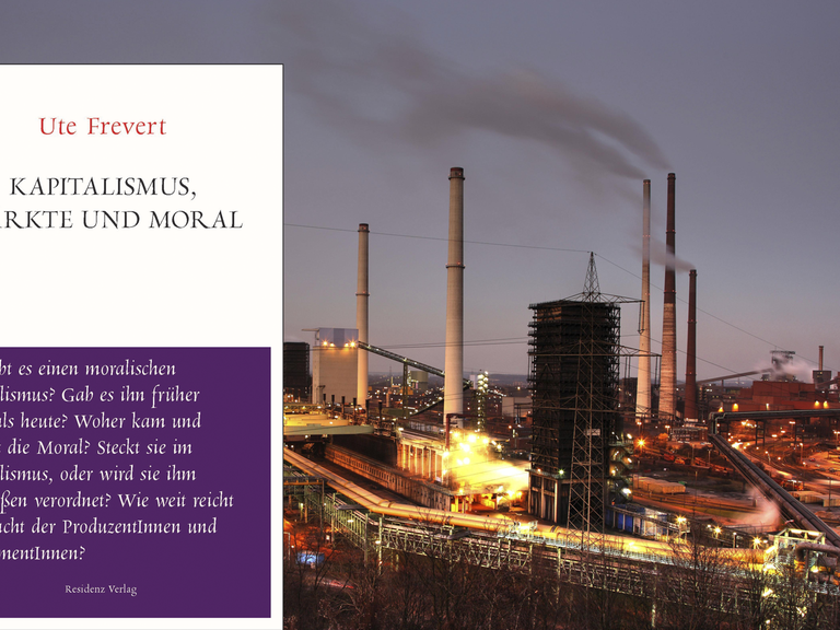 Im Vordergrund ist das Cover des Buches "Kapitalismus, Märkte und Moral". Im Hintergrund ein Blick auf ein Stahlwerk in Hamborn.