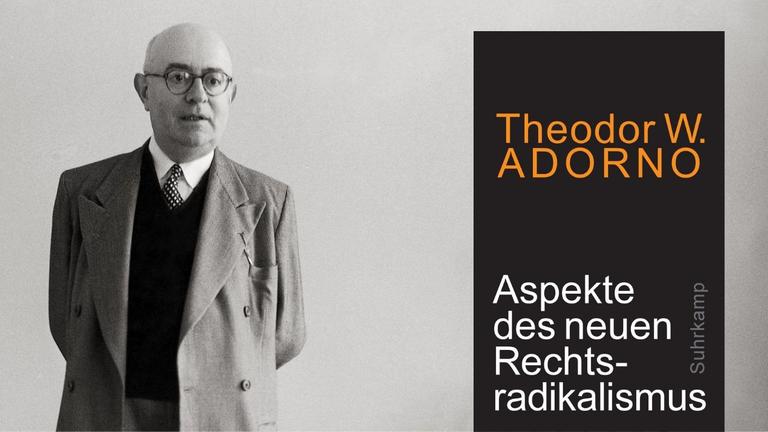 Buchcover: Theodor W. Adorno: Aspekte des neuen Rechtsradikalismus. Ein Vortrag. Suhrkamp Verlag; Hintergrundbild links: Adorno steht in seinem Büro am Schreibtisch. Aufnahme von 1958 Buchcover: Theodor W. Adorno: Aspekte des neuen Rechtsradikalismus. Ein Vortrag. Suhrkamp Verlag; Hintergrundbild links: Adorno steht in seinem Büro am Schreibtisch. Aufnahme von 1958