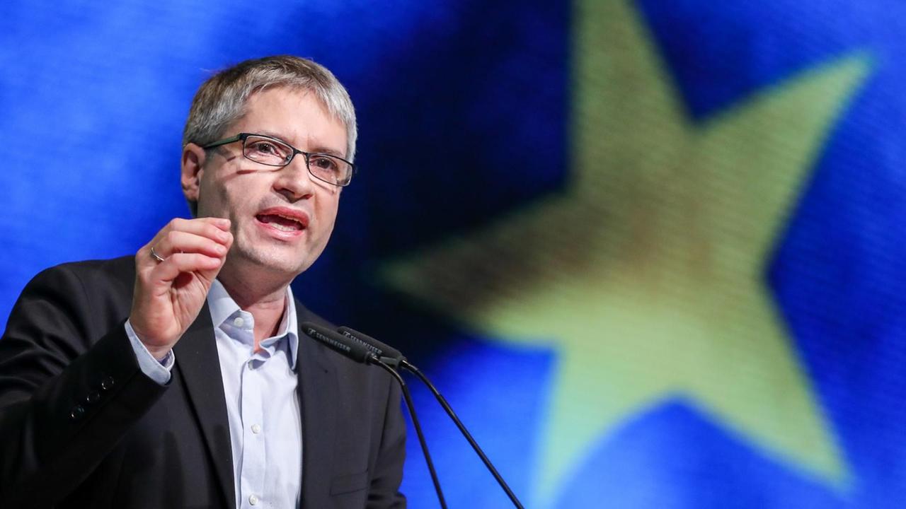 Der Grüne Europaabgeordnete und Kandidat für die Europawahl, Sven Giegold, von Bündnis 90/Die Grünen, spricht während der 43. Bundesdelegiertenkonferenz in Leipzig. Der Grüne Europaabgeordnete und Kandidat für die Europawahl, Sven Giegold, von Bündnis 90/Die Grünen, spricht während der 43. Bundesdelegiertenkonferenz in Leipzig.