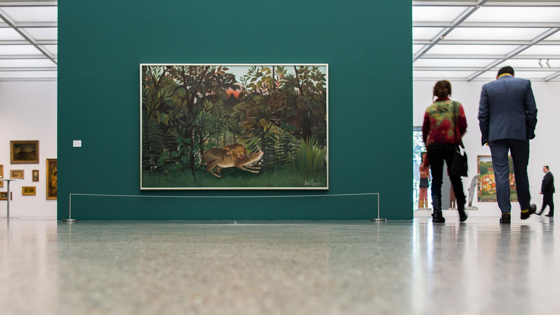 Henri Rousseaus Werk "Der hungrige Löwe wirft sich auf die Antilope" in der Ausstellung "Der Schatten der Avantgarde - Rousseau und die vergessenen Meister" im Folkwang Museum in Essen Henri Rousseaus Werk "Der hungrige Löwe wirft sich auf die Antilope" in der Ausstellung "Der Schatten der Avantgarde - Rousseau und die vergessenen Meister" im Folkwang Museum in Essen
