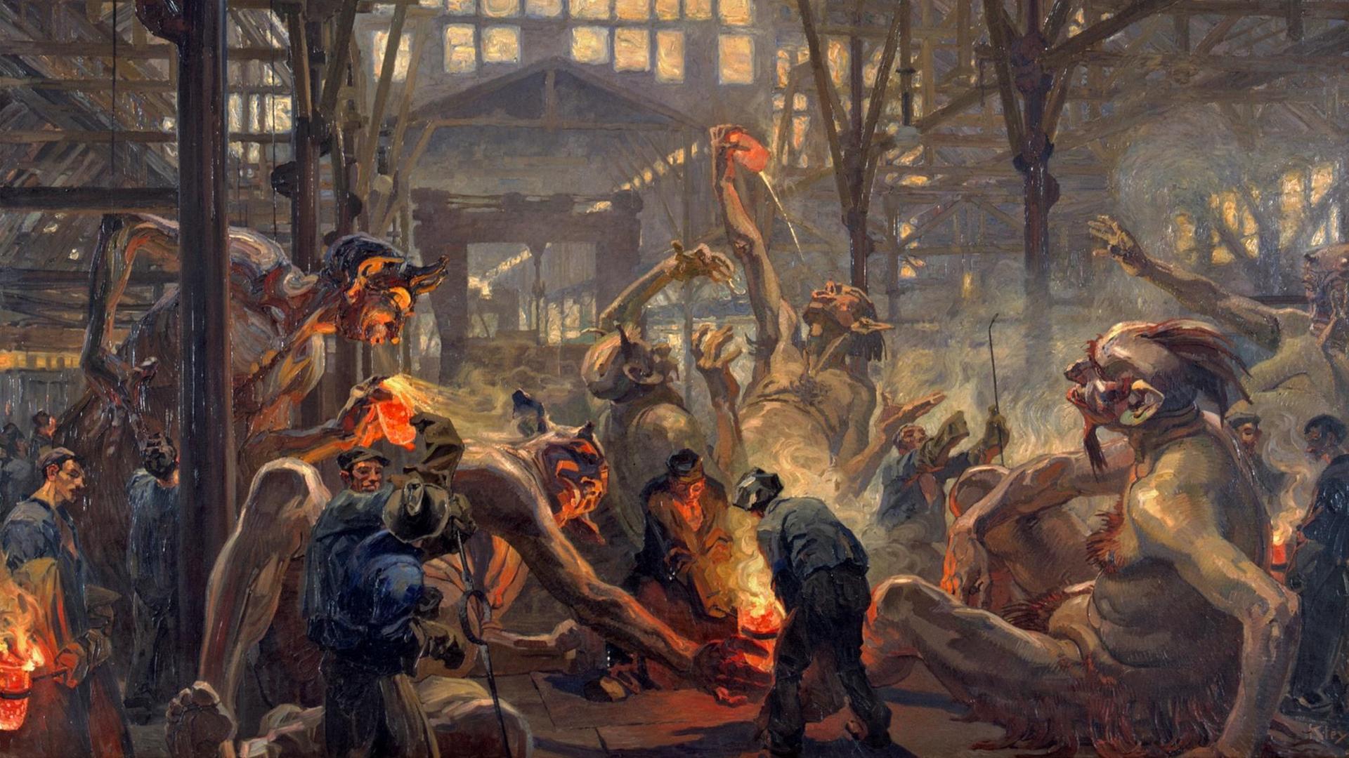 Von Heinrich Kley gemalte Teufel bei der Arbeit in einem Krupp-Werk. Von Heinrich Kley gemalte Teufel bei der Arbeit in einem Krupp-Werk.