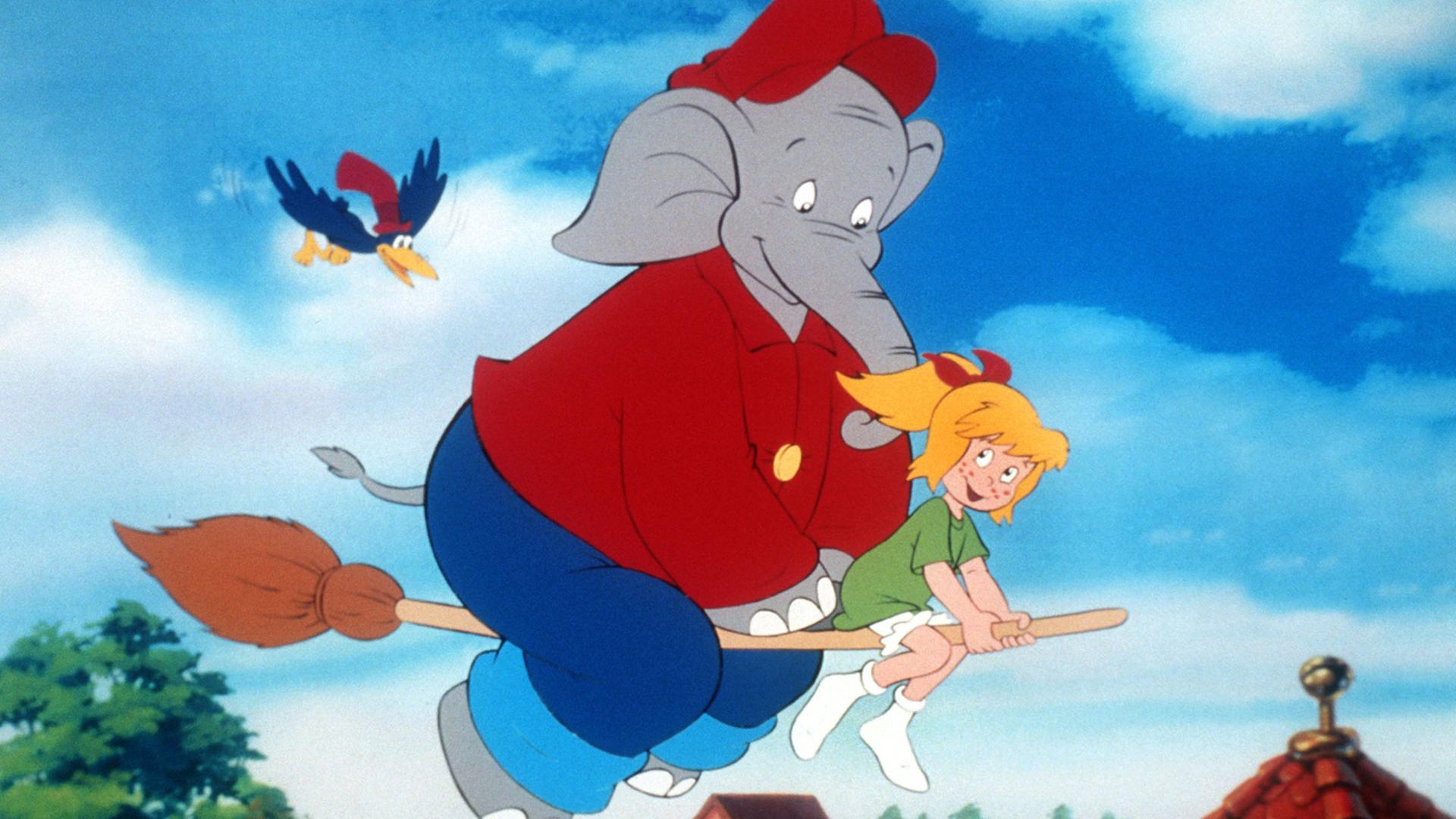 Plakat zum Kinofilm von Benjamin Blümchen, der hier mit Bibi Blocksberg auf einem Besen reitet. Plakat zum Kinofilm von Benjamin Blümchen, der hier mit Bibi Blocksberg auf einem Besen reitet.