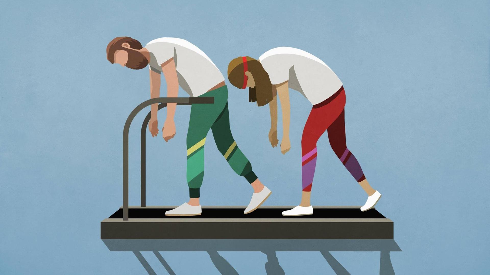 Die Illustration zeigt einen Mann und eine Frau mit hängenden Köpfen auf einem Laufband. Die Illustration zeigt einen Mann und eine Frau mit hängenden Köpfen auf einem Laufband.