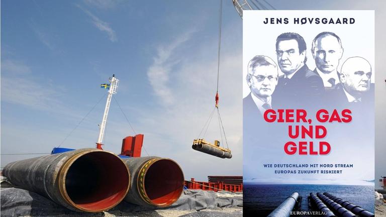 Verlegung der Ostsee-Erdgaspipeline Nord Stream 2 vor der Küste der schwedischen Insel Gotland und Buchcover Jens Høvsgaard: "Gier, Gas und Geld"