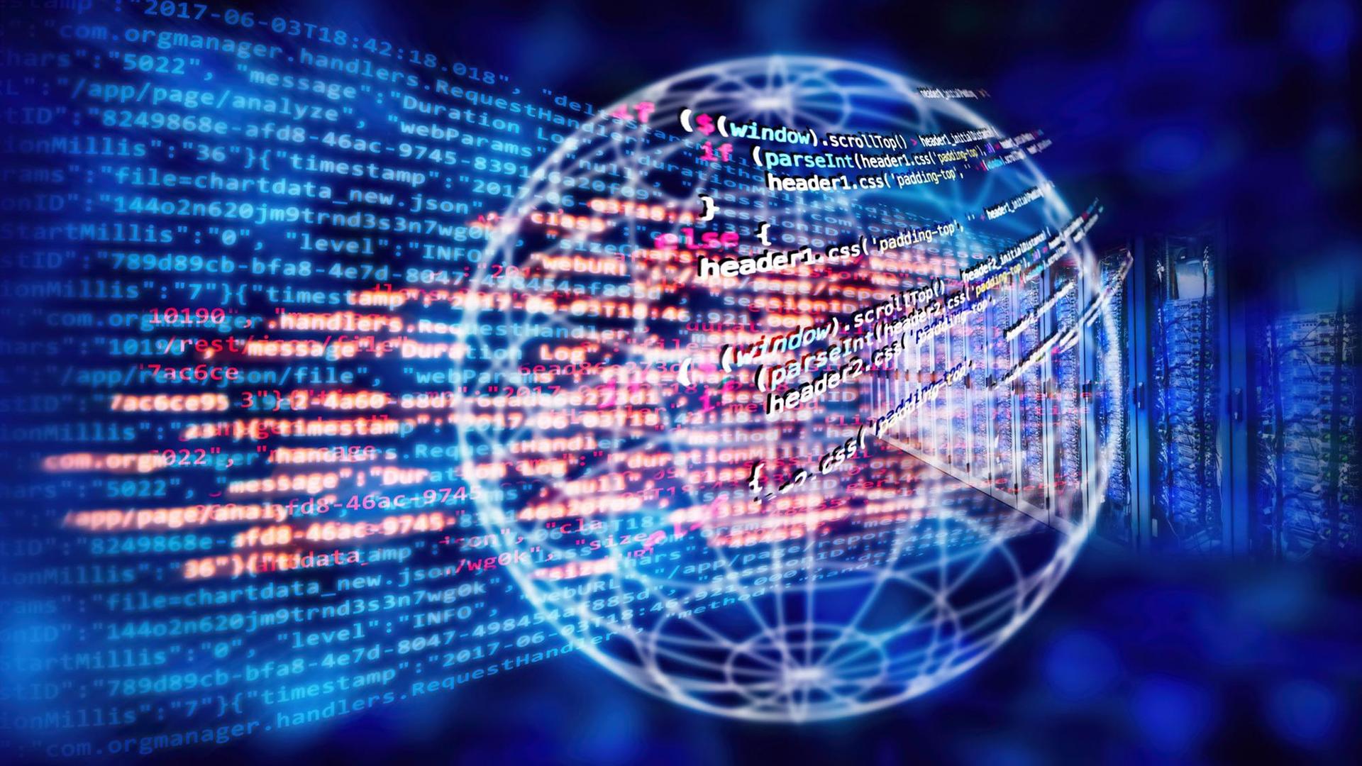 Programmiercode mit Globus, server und abstraktem technischen Hintergrund in blau Programmiercode mit Globus, server und abstraktem technischen Hintergrund in blau