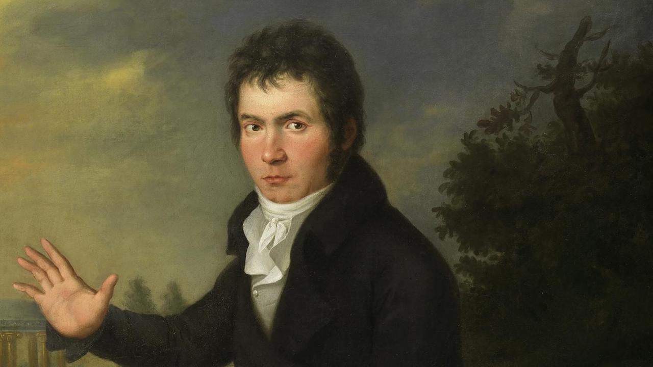 Das Gemälde zeigt den jüngeren Ludwig von Beethoven. Er sitzt, gekleidet in eine schwarze Jacke mit weißem Hemd und hat die rechte Hand wie zum Gruß mit ausgestreckten Fingern leicht erhoben. Im Hintergrund eine dunkle Kulisse mit grauer Regenwolke und einem abgebrochenen Baum. Das Gemälde zeigt den jüngeren Ludwig von Beethoven. Er sitzt, gekleidet in eine schwarze Jacke mit weißem Hemd und hat die rechte Hand wie zum Gruß mit ausgestreckten Fingern leicht erhoben. Im Hintergrund eine dunkle Kulisse mit grauer Regenwolke und einem abgebrochenen Baum.