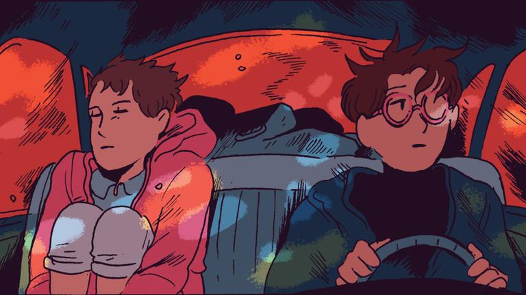 Eine Szene gezeichnet von Tillie Walden. Die zwei Protagonistinnen sitzen im fahrenden Auto. Eine Szene gezeichnet von Tillie Walden. Die zwei Protagonistinnen sitzen im fahrenden Auto.