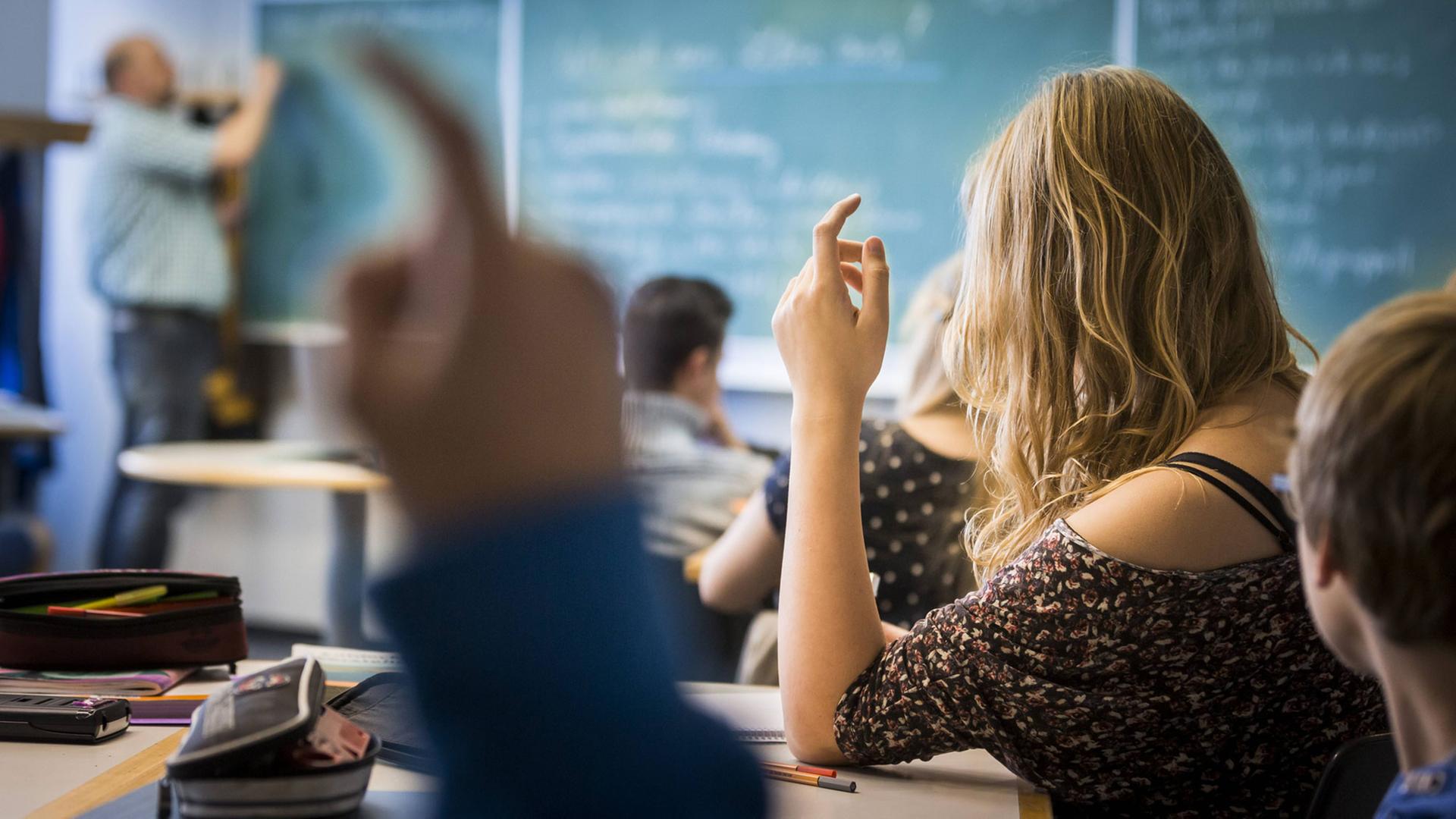 Schüler melden sich während einer Unterrichtsstunde in einer Gesamtschule. Schüler melden sich während einer Unterrichtsstunde in einer Gesamtschule.