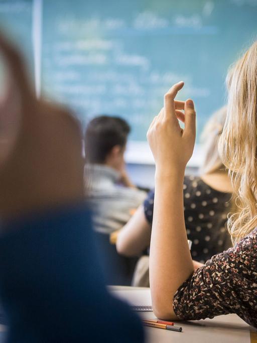 Schüler melden sich während einer Unterrichtsstunde in einer Gesamtschule.
