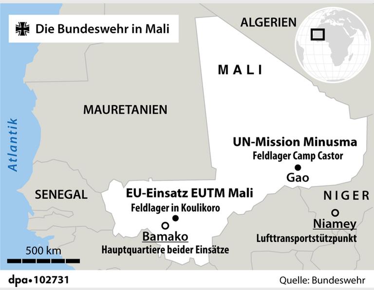 Grafik-Karte Nr. 102731, Querformat 90 x 70 mm, "Die Bundeswehr in Mali"; Grafik: A. Brühl; Redaktion: D. Loesche Grafik-Karte Nr. 102731, Querformat 90 x 70 mm, "Die Bundeswehr in Mali"; Grafik: A. Brühl; Redaktion: D. Loesche