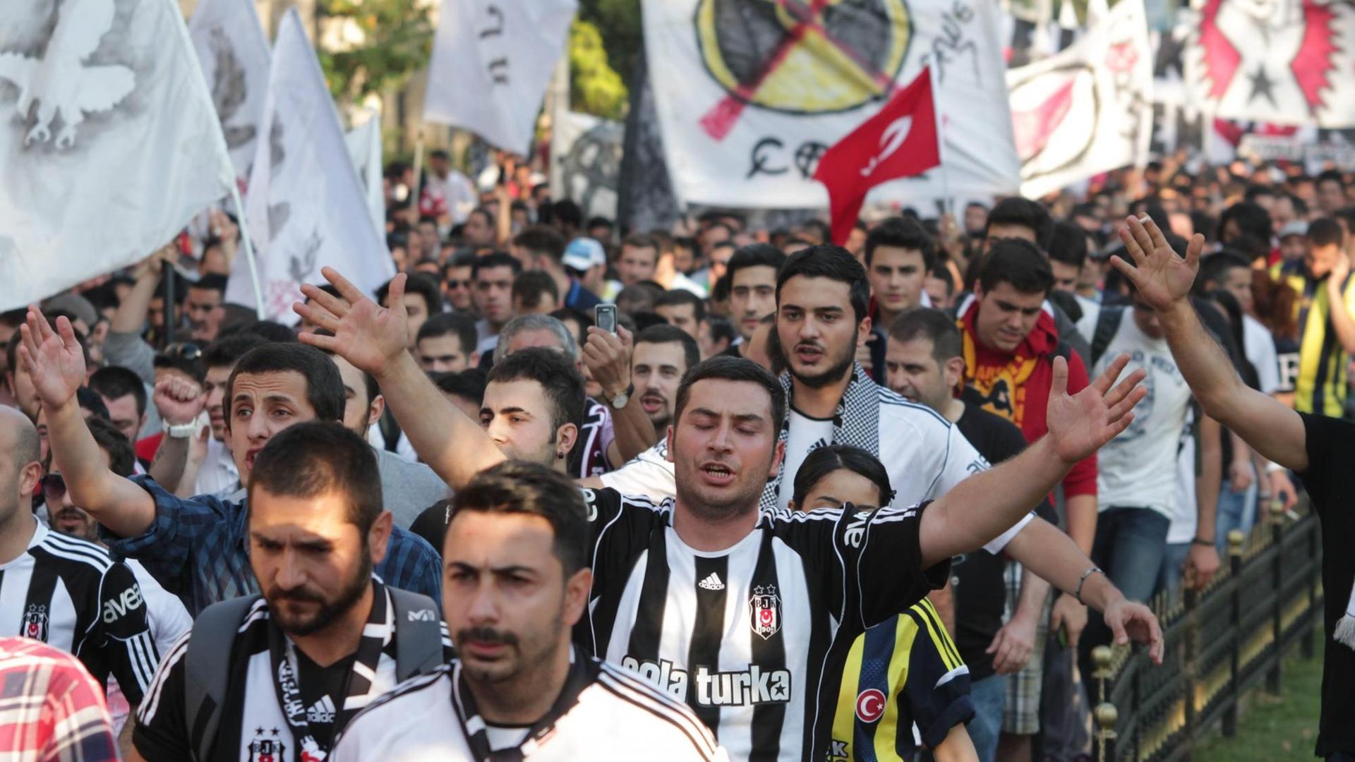 Bei den regierungskritischen Gezi-Protesten im Juni 2013 gingen Fans von Fenerbahce, Galatasaray und Beşiktaş Seite an Seite. Bei den regierungskritischen Gezi-Protesten im Juni 2013 gingen Fans von Fenerbahce, Galatasaray und Beşiktaş Seite an Seite.