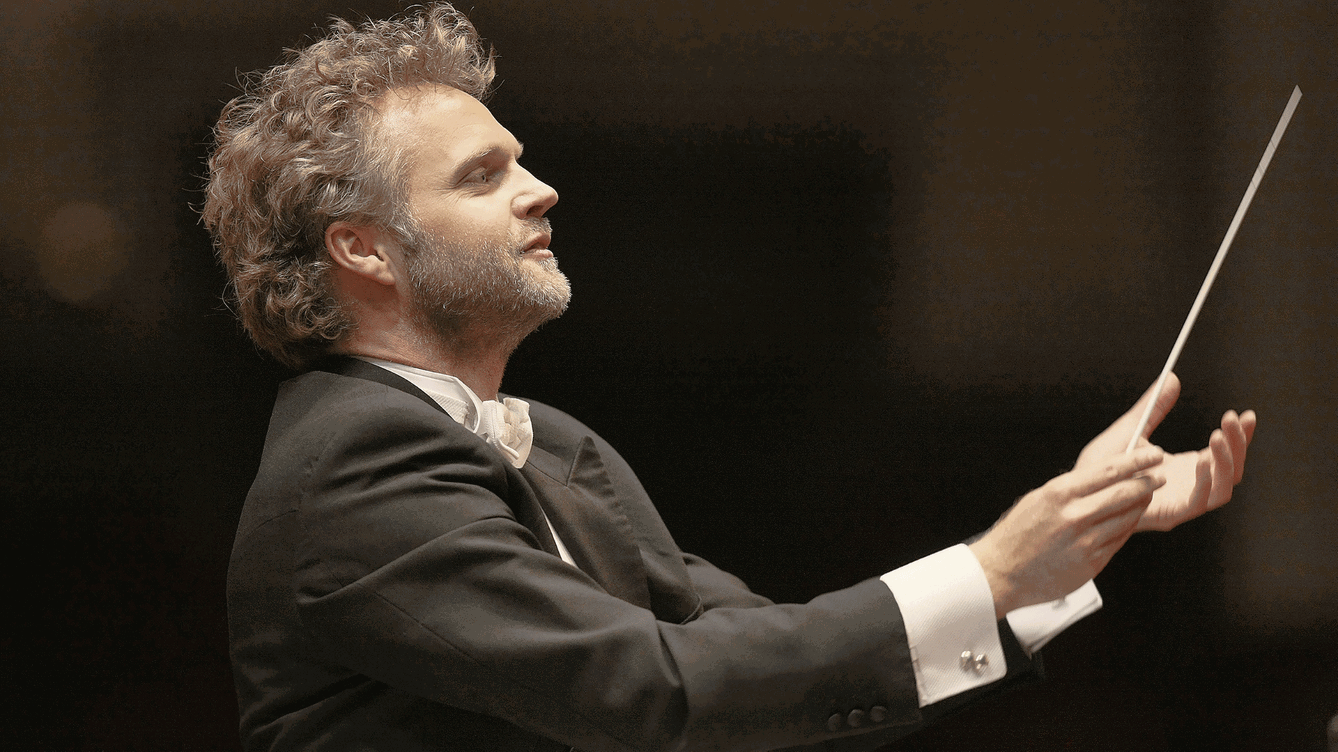 Der Dirigent mit Taktstock bei einer bedeutungsvollen Geste Richtung Orchester. Der Dirigent mit Taktstock bei einer bedeutungsvollen Geste Richtung Orchester.