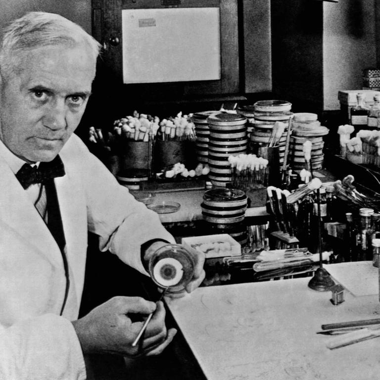 Der Entdecker des Penicillins, Alexander Fleming, in seinem Labor, aufgenommen in den 50er Jahren.