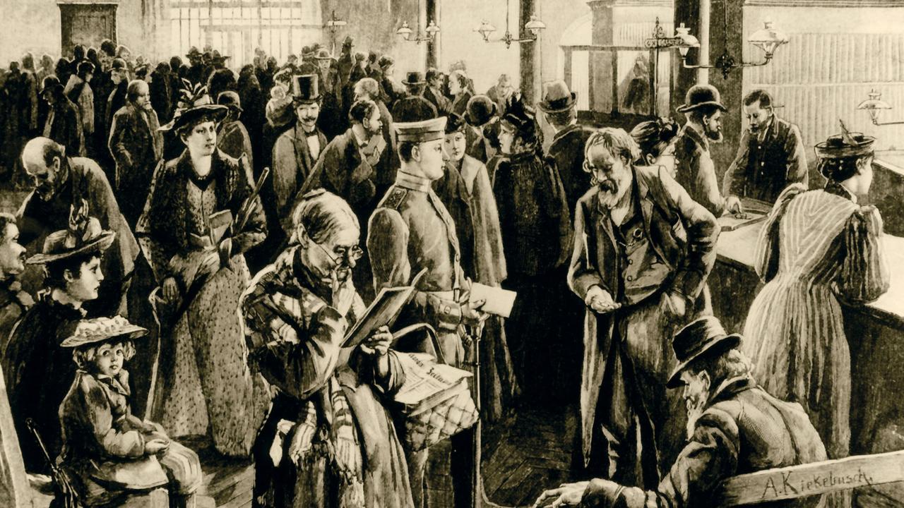 Schalterraum der Berliner Sparkasse, nach einer Zeichnung von Albert Kiekebusch (1894) Schalterraum der Berliner Sparkasse, nach einer Zeichnung von Albert Kiekebusch (1894)