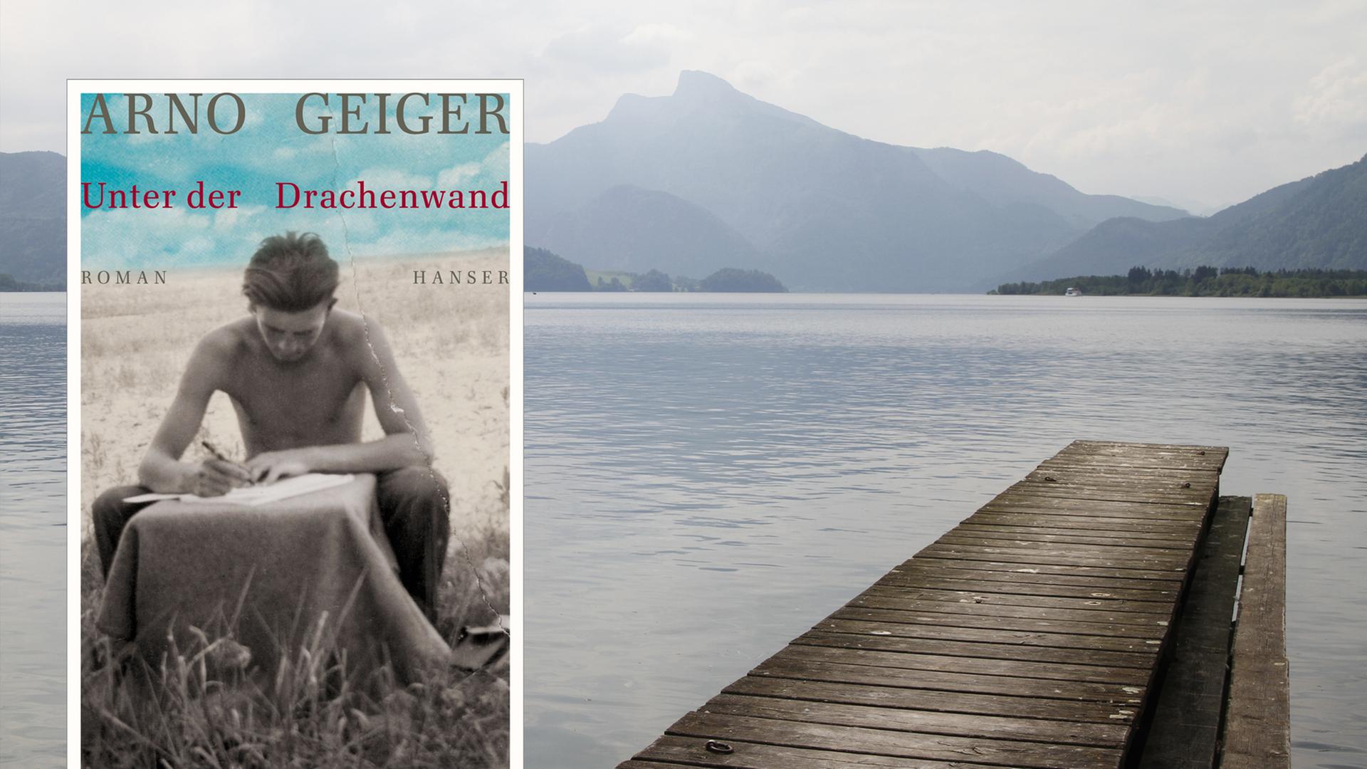 Cover von Arno Geigers Roman "Unter der Drachenwand". Im Hintergrund ist der Mondsee in Österreich zu sehen. Cover von Arno Geigers Roman "Unter der Drachenwand". Im Hintergrund ist der Mondsee in Österreich zu sehen.