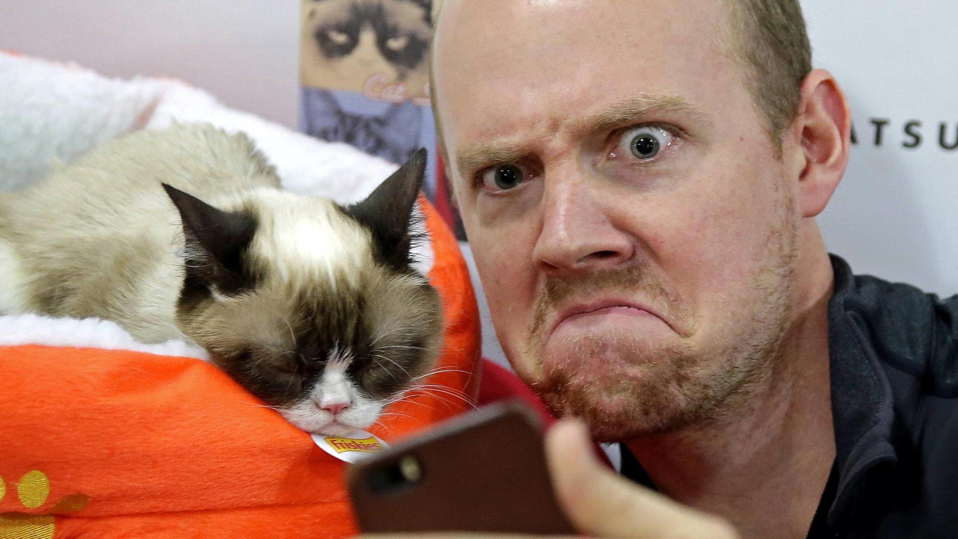 Ein Fan macht ein Foto von sich und Grumpy Cat, aufgenommen 2014 bei Bleecker Street Records in New York Ein Fan macht ein Foto von sich und Grumpy Cat, aufgenommen 2014 bei Bleecker Street Records in New York