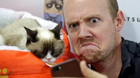 Ein Fan macht ein Foto von sich und Grumpy Cat, aufgenommen 2014 bei Bleecker Street Records in New York