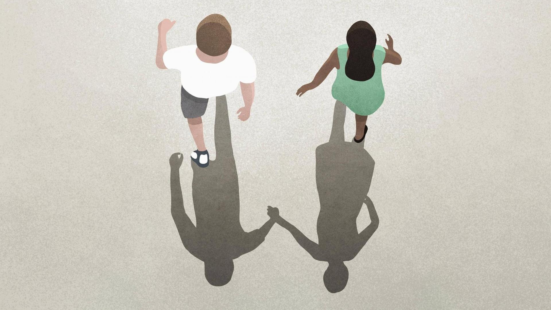 Illustration: Blick auf ein nebeneinander hergehendes Paar: Ihr Schatten hält noch Händchen, sie selbst nicht mehr.