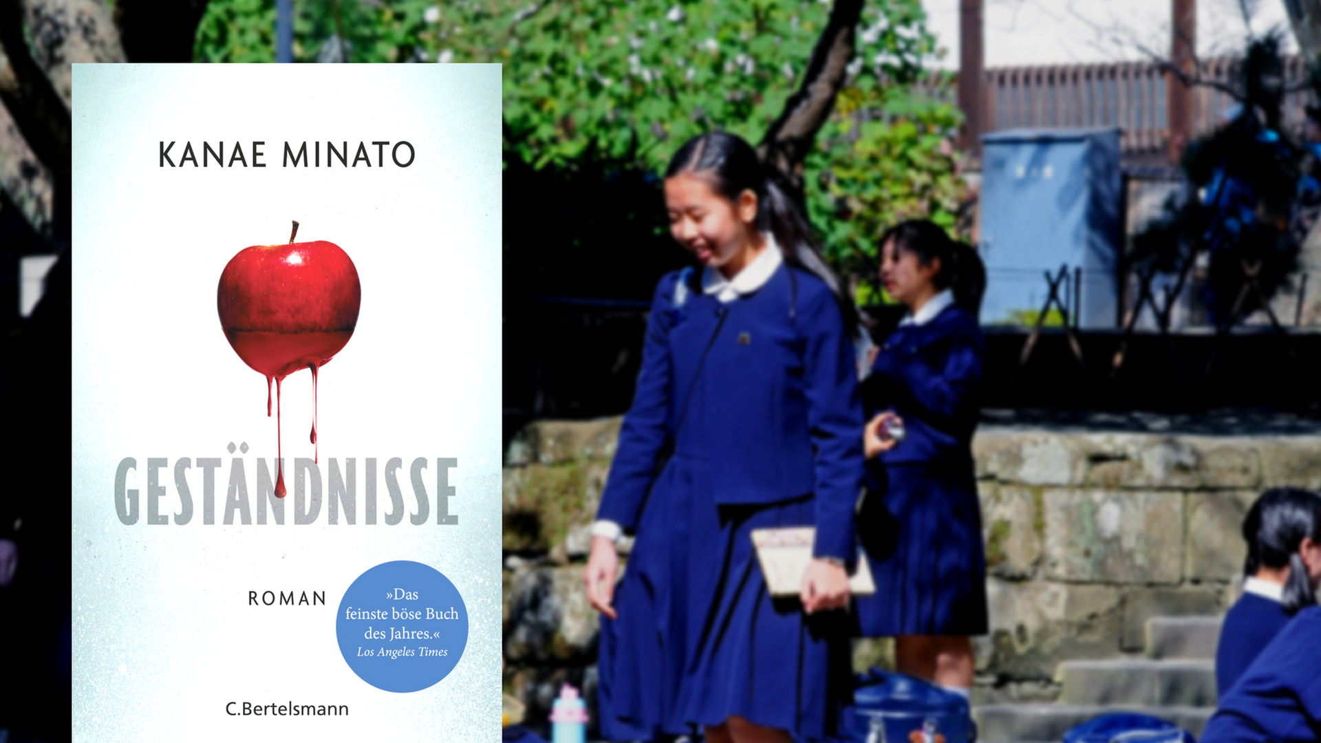 Buchcover: "Geständnisse" von Kanae Minato, im Hintergrund japanische Schülerinnen bei einem Klassenausflug Buchcover: "Geständnisse" von Kanae Minato, im Hintergrund japanische Schülerinnen bei einem Klassenausflug