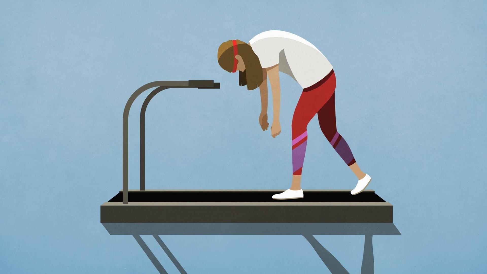 Eine erschöpfte Frau auf einem Laufband (Illustration) Eine erschöpfte Frau auf einem Laufband (Illustration)