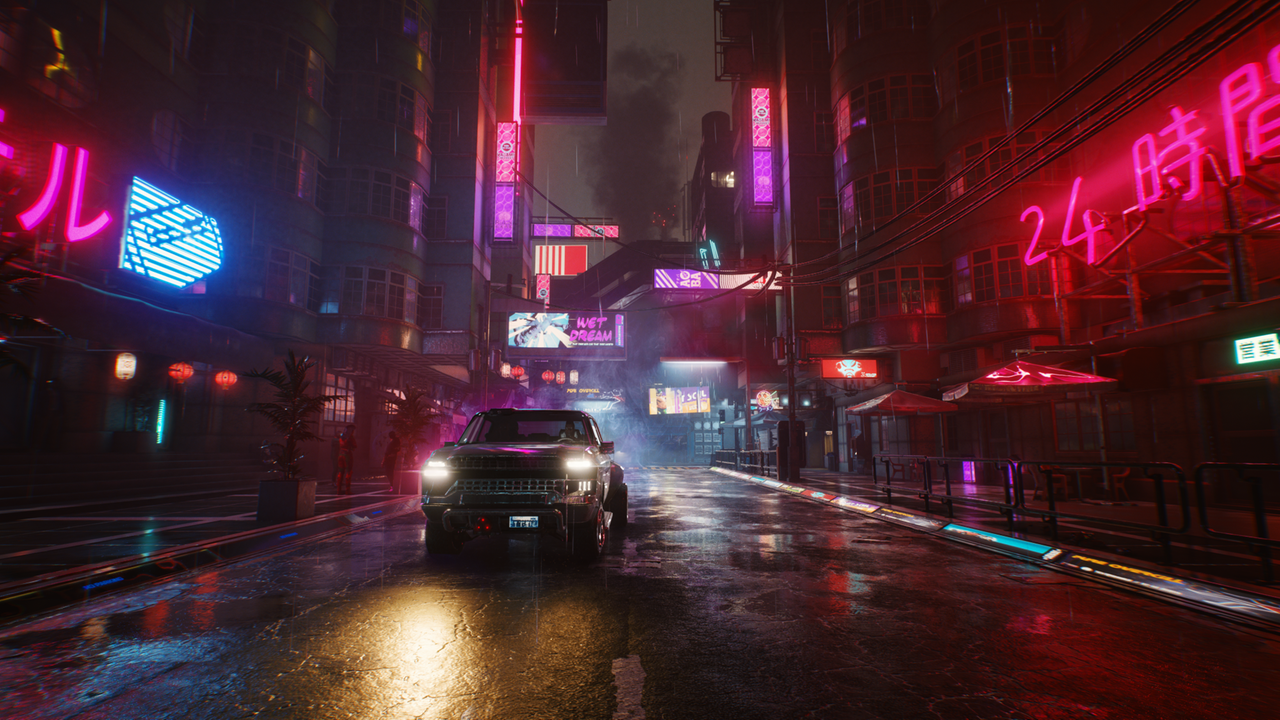 Screenshot aus dem Spiel: Nachts steht ein Auto auf einer regennassen, ansonsten leeren Straße, an den Häusern leuchten pinke Neonschriftzüge. 