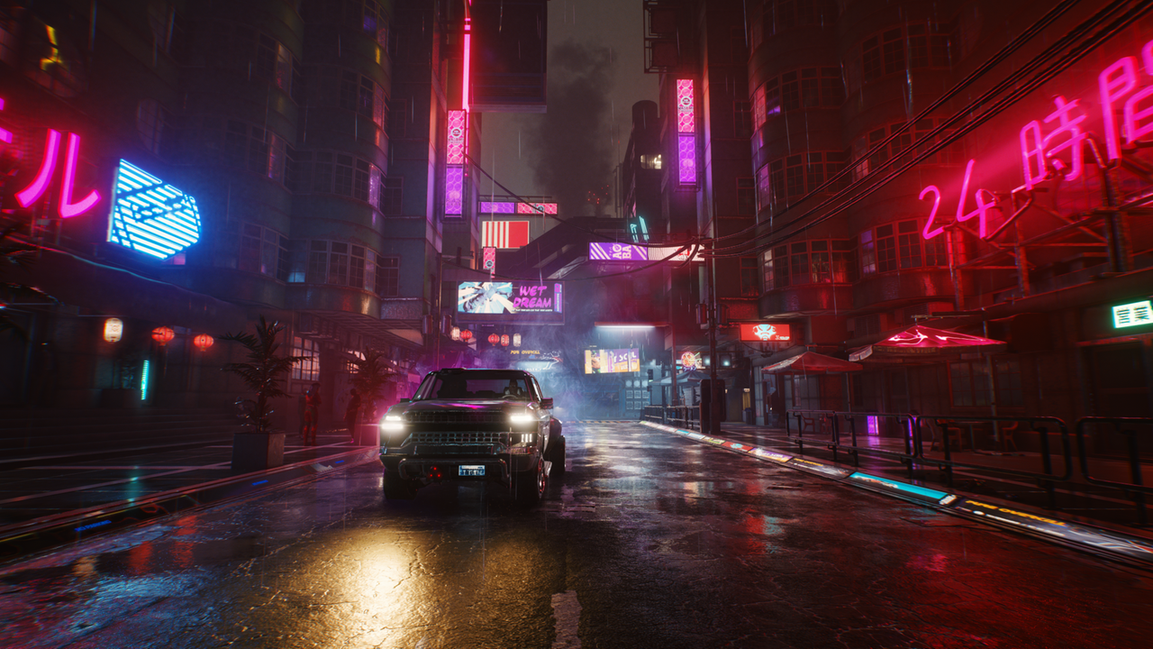 Screenshot aus dem Spiel: Nachts steht ein Auto auf einer regennassen, ansonsten leeren Straße, an den Häusern leuchten pinke Neonschriftzüge. Screenshot aus dem Spiel: Nachts steht ein Auto auf einer regennassen, ansonsten leeren Straße, an den Häusern leuchten pinke Neonschriftzüge.