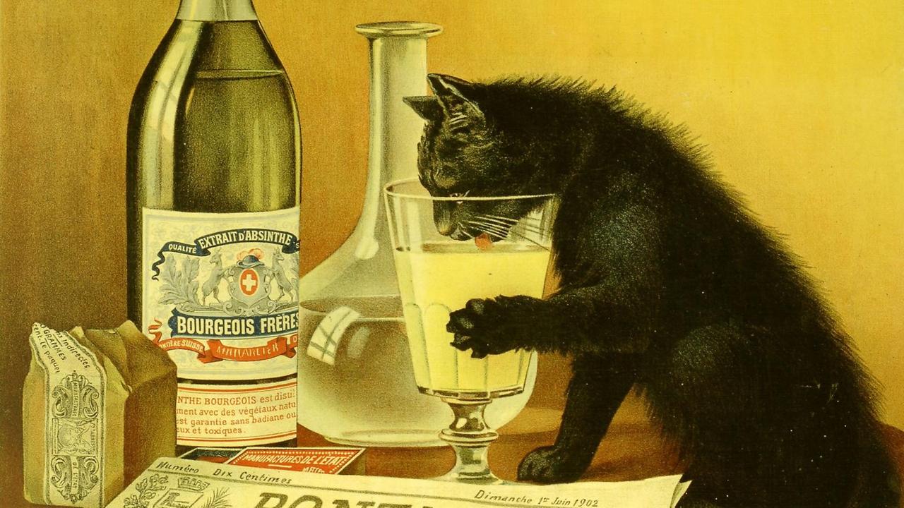 Eine historische Werbung für Absinthe Bourgeois von Mourgue Brothers zeigt eine absinthliebende schwarze Katze, die ein Glas des Firmenprodukts genießt. Es erhielt den Spitznamen Chat Noir und wurde zu einem der beliebtesten Absinthbilder. Eine historische Werbung für Absinthe Bourgeois von Mourgue Brothers zeigt eine absinthliebende schwarze Katze, die ein Glas des Firmenprodukts genießt. Es erhielt den Spitznamen Chat Noir und wurde zu einem der beliebtesten Absinthbilder.
