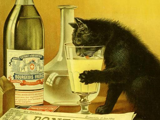Eine historische Werbung für Absinthe Bourgeois von Mourgue Brothers zeigt eine absinthliebende schwarze Katze, die ein Glas des Firmenprodukts genießt. Es erhielt den Spitznamen Chat Noir und wurde zu einem der beliebtesten Absinthbilder.