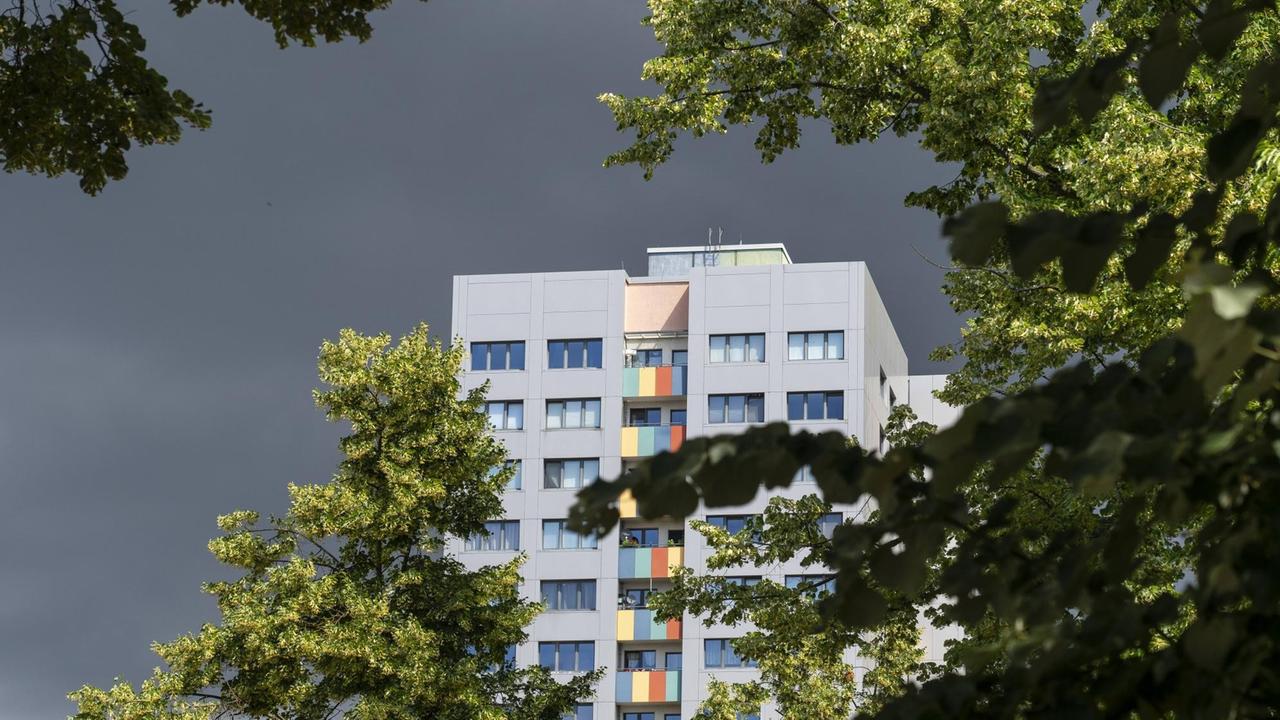 Ein Wohnhochhaus an der Einbeckerstraße in Berlin-Friedrichsfelde ist umrahmt von Bäumen.