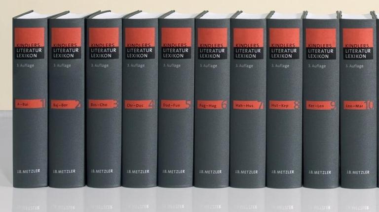 Dunkelgraue dickleibige Bände eines Lexikons stehen nebeneinander Dunkelgraue dickleibige Bände eines Lexikons stehen nebeneinander