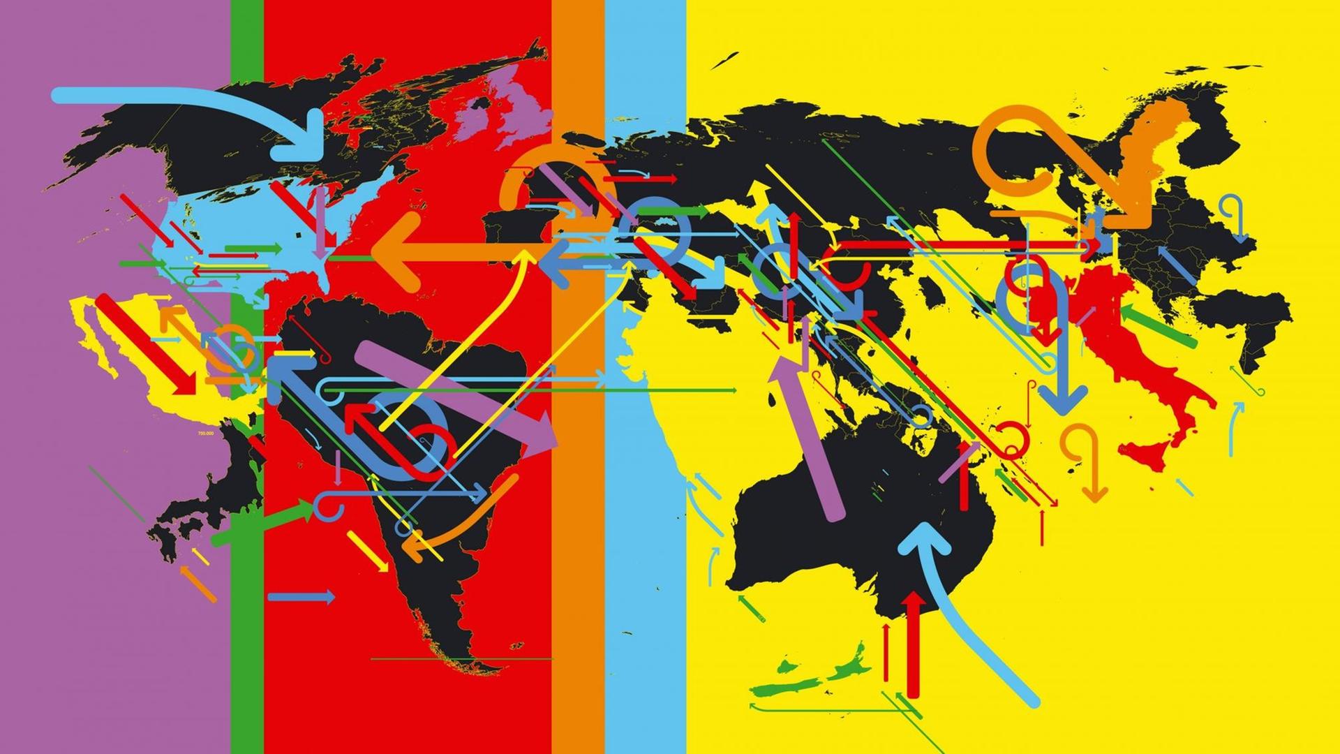 Eine Weltkarte auf der die Länder verrutscht sind und Pfeile in verschiedenste Richtungen zeigen.