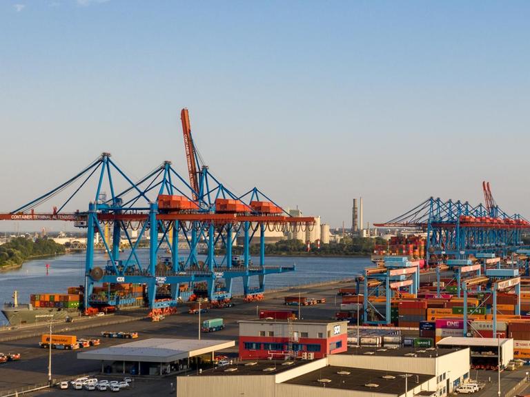 Luftaufnahme vom Hamburger Hafen, mit Containerbrücken und Containern, während der Coronavirus-Pandemie am 12. August 2020 .