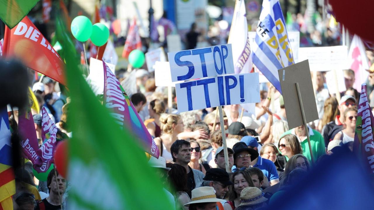 Demonstranten tragen am 04.06.2015 in München (Bayern) bei einer Demonstration gegen den G7-Gipfel am Odeonsplatz Plakate und Fahnen, wobei auf einem Plakat "Stop TTIP!" zu lesen ist. Demonstranten tragen am 04.06.2015 in München (Bayern) bei einer Demonstration gegen den G7-Gipfel am Odeonsplatz Plakate und Fahnen, wobei auf einem Plakat "Stop TTIP!" zu lesen ist.
