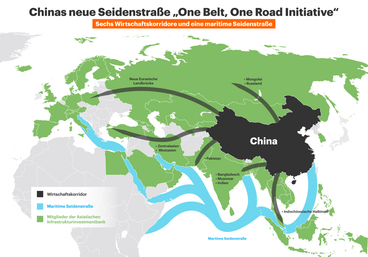 Karte der Handelsrouten der Neuen Seidenstraße von China nach Europa und Afrika, manche zur See, andere über Land