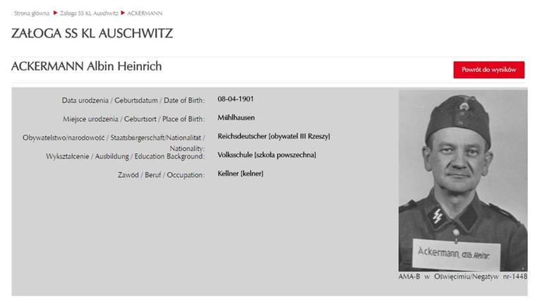 Der Datenbank-Eintrag des Deutschen Albin Heinrich Ackermann, SS-Mann im Konzentrationslager Auschwitz, auf der Webseite truthaboutcamps.eu. Der Datenbank-Eintrag des Deutschen Albin Heinrich Ackermann, SS-Mann im Konzentrationslager Auschwitz, auf der Webseite truthaboutcamps.eu.