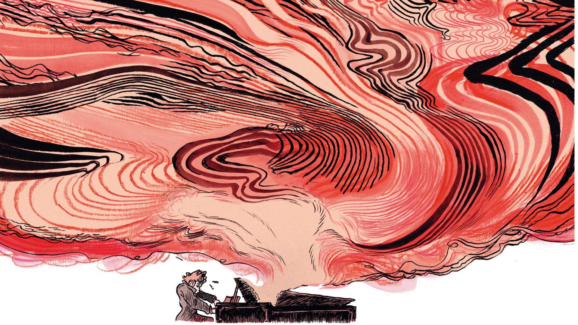 Szene aus der Graphic Novel "Goldjunge - Beethovens Jugendjahre" von Mikael Ross: Beethoven spielt an einem Flügel, aus dem Musik kommt, in einer Art widen Wolke in verschiedenen Rottönen. Szene aus der Graphic Novel "Goldjunge - Beethovens Jugendjahre" von Mikael Ross: Beethoven spielt an einem Flügel, aus dem Musik kommt, in einer Art widen Wolke in verschiedenen Rottönen.