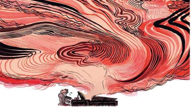 Szene aus der Graphic Novel "Goldjunge - Beethovens Jugendjahre" von Mikael Ross: Beethoven spielt an einem Flügel, aus dem Musik kommt, in einer Art widen Wolke in verschiedenen Rottönen.