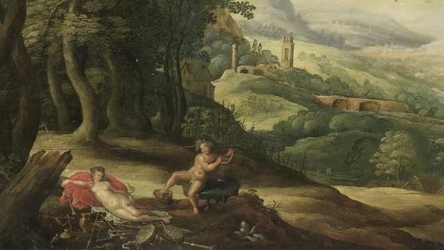 Ein Bild auf Holz zeigt Orpheus und Euridike in einer idyllischen Landschaft.