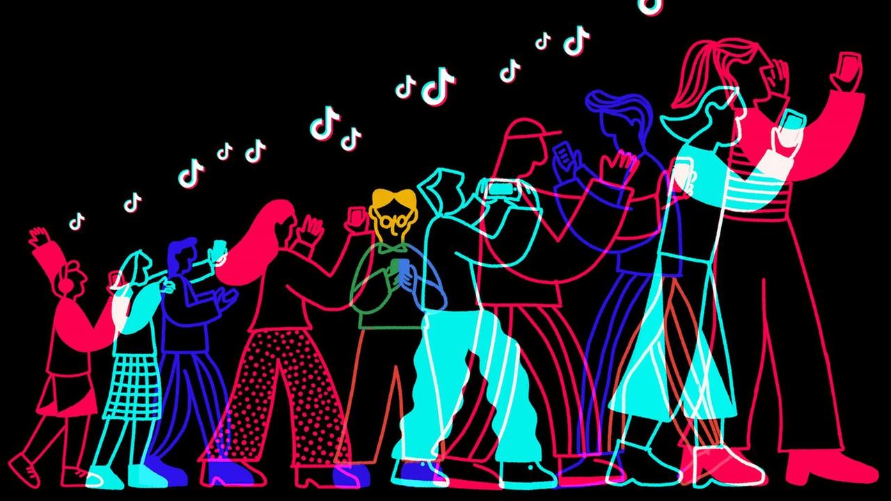 Das Bild ist eine Illustration und zeigt auf schwarzem Hintergrund Menschen, die ihre Handys halten. Das Bild ist eine Illustration und zeigt auf schwarzem Hintergrund Menschen, die ihre Handys halten.