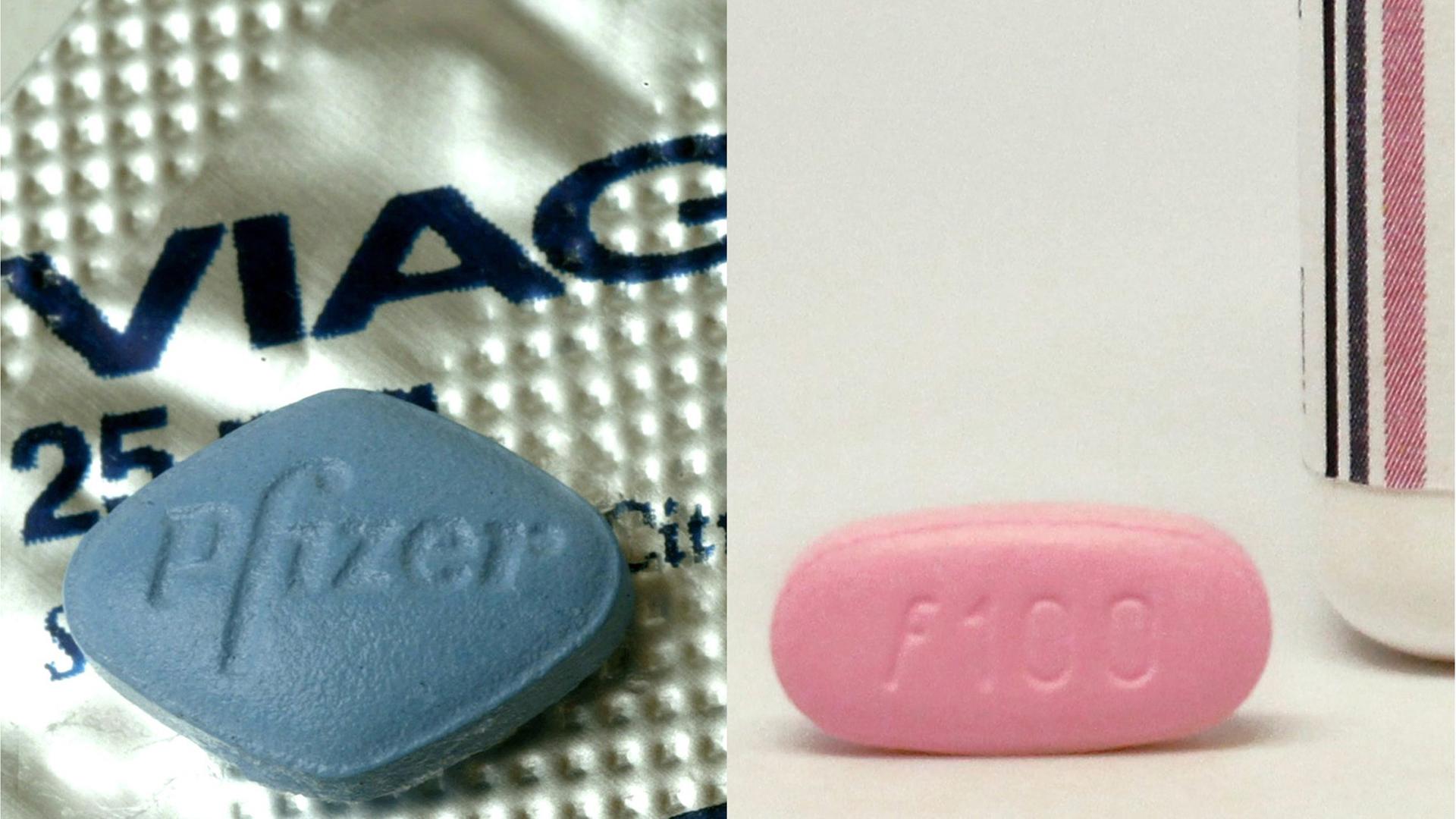 Ein Foto von einer Viagra-Pille neben einem Foto der Addyi-Pille Ein Foto von einer Viagra-Pille neben einem Foto der Addyi-Pille