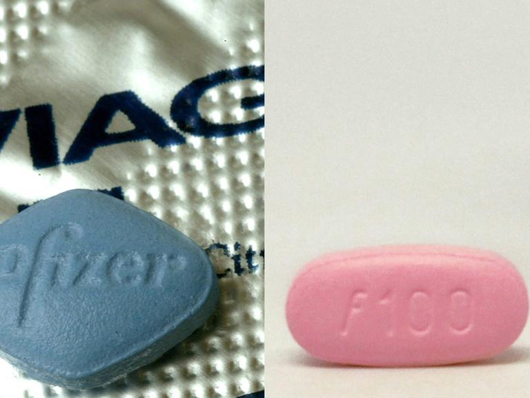 Ein Foto von einer Viagra-Pille neben einem Foto der Addyi-Pille