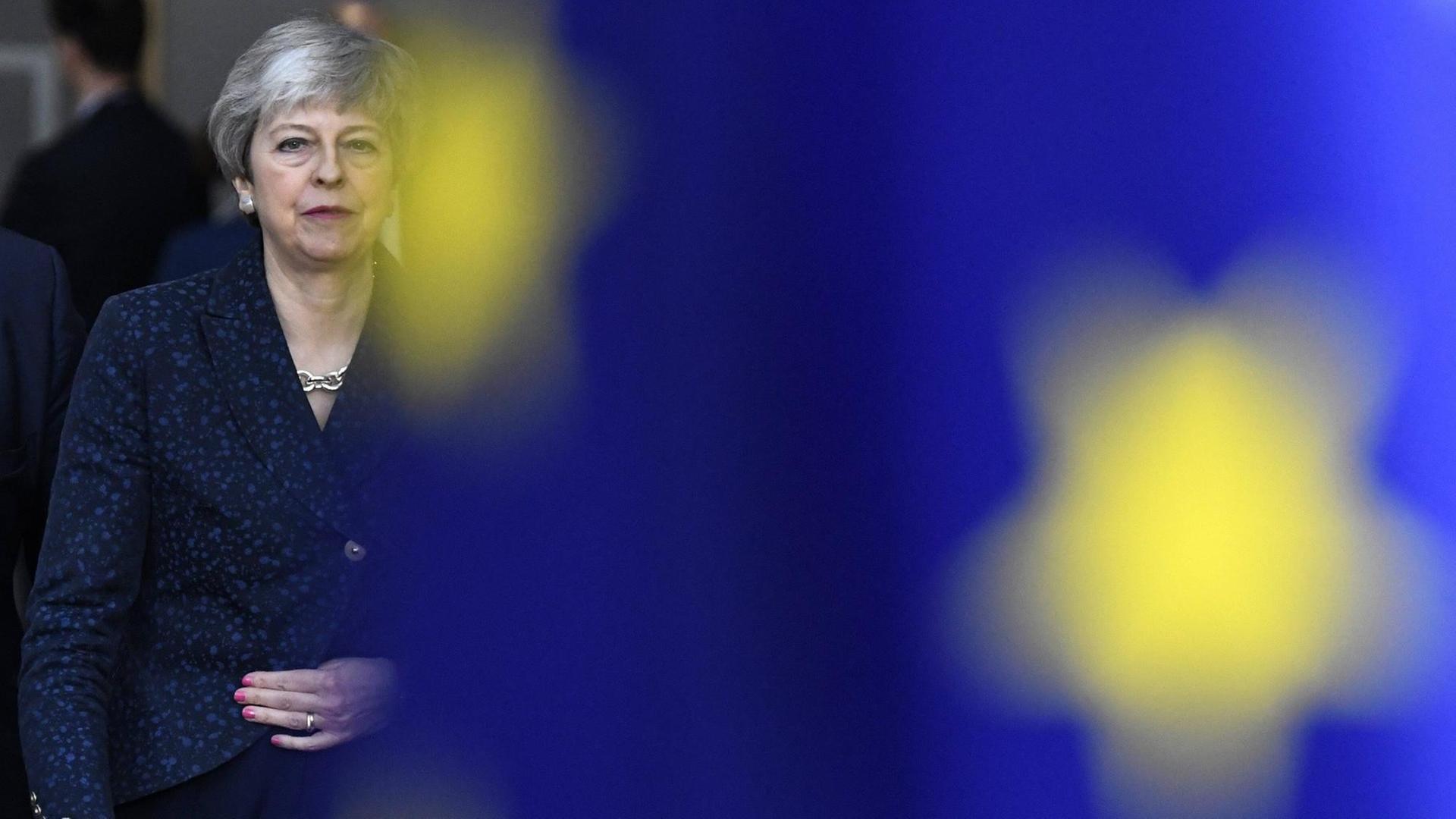 Die britische Premierministerin Theresa May vor einer Flagge der Europäischen Union Die britische Premierministerin Theresa May vor einer Flagge der Europäischen Union